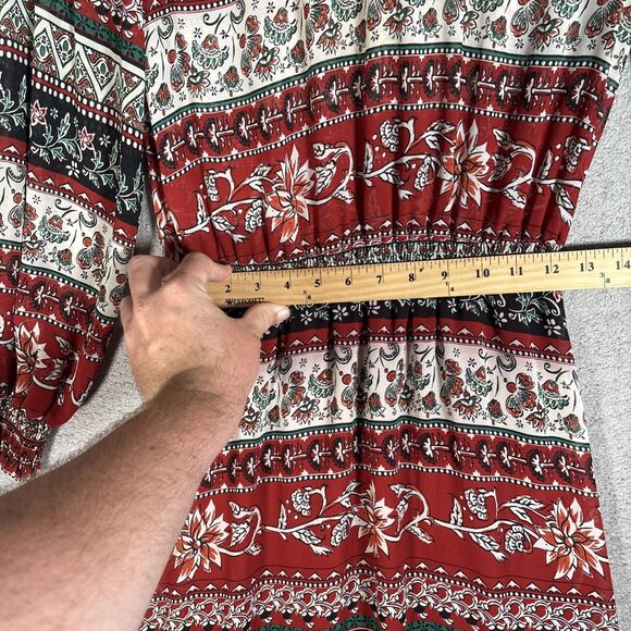 H&M Conscious Womens Maxi Dress 8 Chiffon Red Floral Sheer Smocked Boho Key Hole - Picture 4 of 16